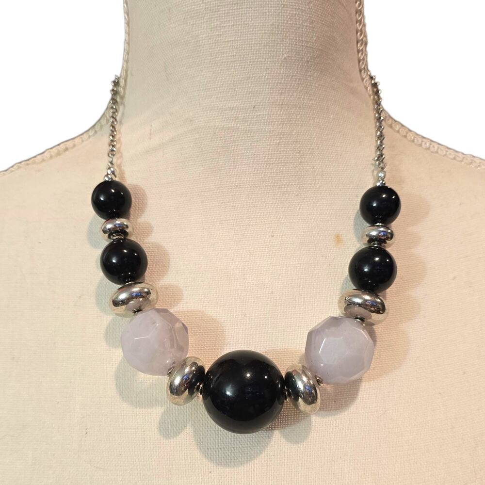 Vintage Necklace Chunky Statement Silver Tone Beaded Chain Bold Retro Style 16"
